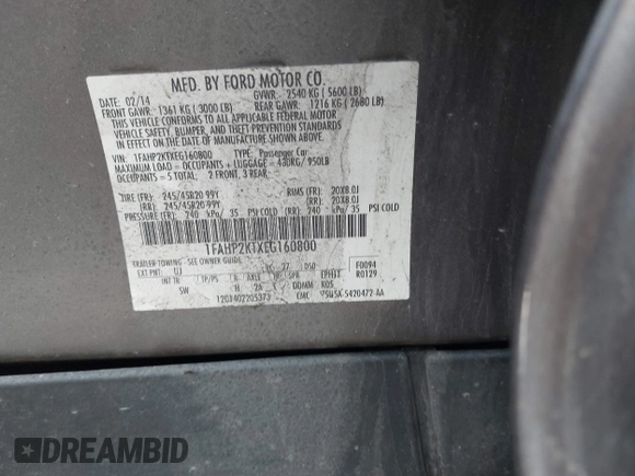 2014 Ford Taurus SHO with VIN 1FAHP2KTXEG160800, listed as a IAAI auction lot 42083237 with 75,048 mi miles. Bid and sale history available at carsss.com. Image 9.
