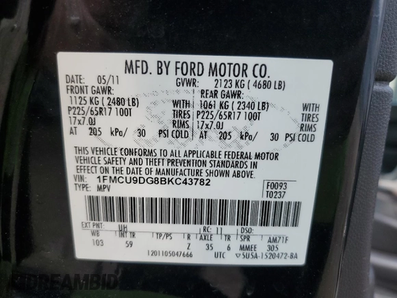 2011 Ford Escape XLT with VIN 1FMCU9DG8BKC43782, listed as a Copart auction lot 60281045 with 123,942 mi miles and Salvage title. Bid and sale history available at DreamBid. Image 13.