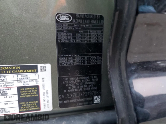 2023 Land Rover Defender X с VIN SALEX7EUXP2197885, выставлен на аукционе Copart как лот 82554884 с пробегом Не указан миль и Списание • Salvage title. История ставок и продаж доступна на DreamBid. Изображение 13.