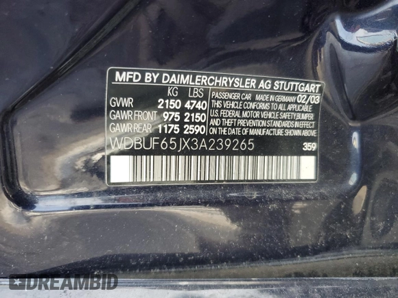 2003 Mercedes-Benz E-Class 3.2L with VIN WDBUF65JX3A239265, listed as a Copart auction lot 44624485 with 0 mi miles and Salvage Title. Bid and sale history available at carsss.com. Image 12.