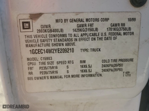 2000 Chevrolet Silverado 1500 with VIN 1GCEC14W2YE209210, listed as a Copart auction lot 76048094 with 0 mi miles and Salvage Title. Bid and sale history available at carsss.com. Image 12.