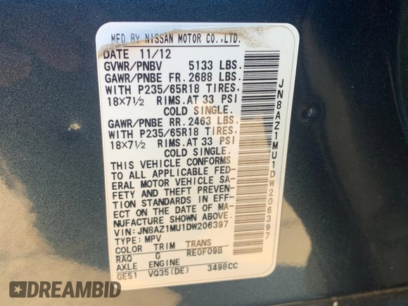 2013 Nissan Murano SL with VIN JN8AZ1MU1DW206397, listed as a Copart auction lot 83269874 with 182,214 mi miles and Salvage Title. Bid and sale history available at carsss.com. Image 10.