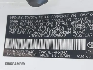 2016 Toyota Prius Four with VIN JTDKARFU4G3525589, listed as a IAAI auction lot 41612929 with 197,114 mi miles. Bid and sale history available at carsss.com. Image 9.