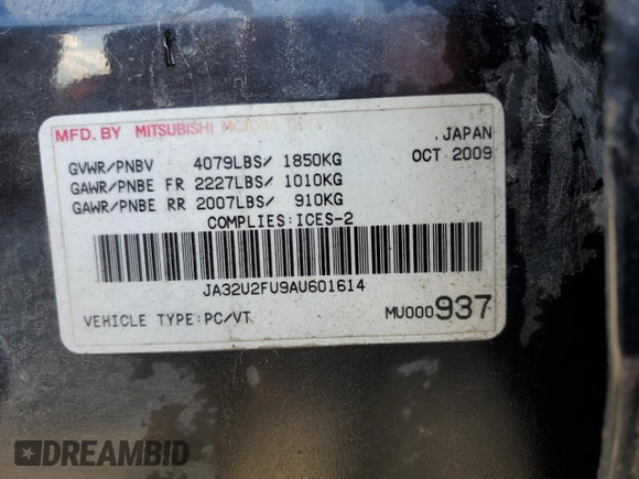 2010 Mitsubishi Lancer ES with VIN JA32U2FU9AU601614, listed as a Copart auction lot 73655874 with 285,563 mi miles and Clean Title. Bid and sale history available at carsss.com. Image 12.