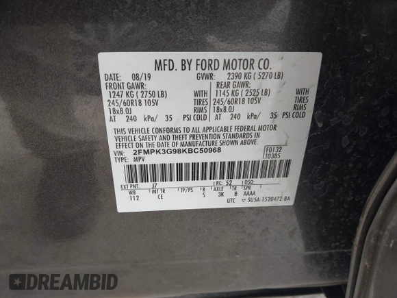 2019 Ford Edge SE with VIN 2FMPK3G98KBC50968, listed as a IAAI auction lot 42200113 with 55,752 mi miles and . Bid and sale history available at DreamBid. Image 9.