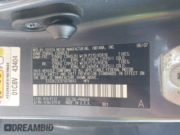 2007 Toyota Sienna CE with VIN 5TDZK23C97S078643, listed as a IAAI auction lot 41991258 with 133,313 mi miles. Bid and sale history available at carsss.com. Image 9.