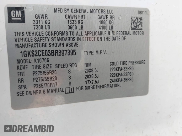2011 GMC Yukon SLT with VIN 1GKS2CE03BR397395, listed as a IAAI auction lot 41813501 with 220,443 mi miles. Bid and sale history available at carsss.com. Image 9.