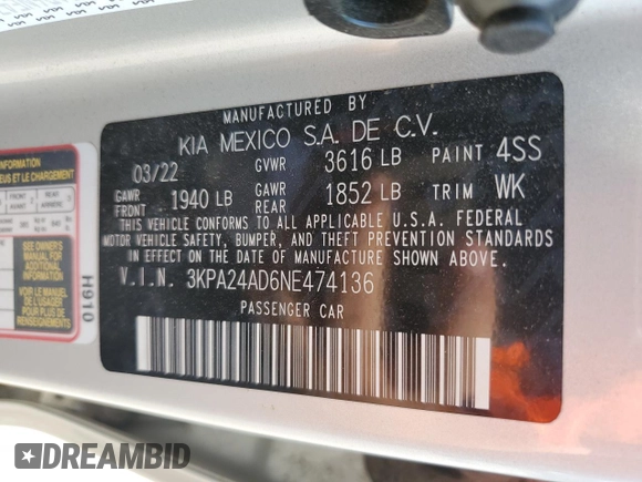 2022 Kia Rio S with VIN 3KPA24AD6NE474136, listed as a Copart auction lot 70765494 with 30,568 mi miles and Salvage Title. Bid and sale history available at DreamBid. Image 13.