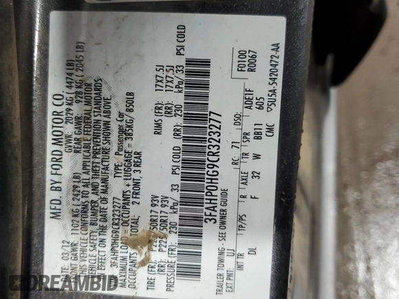 2012 Ford Fusion SE with VIN 3FAHP0HG9CR323277, listed as a Copart auction lot 59501005 with 84,658 mi miles and Salvage title. Bid and sale history available at DreamBid. Image 12.