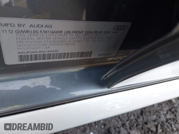 2013 Audi S4 Prestige with VIN WAUKGAFL4DA164439, listed as a IAAI auction lot 41781342 with 174,551 mi miles. Bid and sale history available at carsss.com. Image 9.