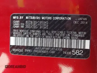2015 Mitsubishi Lancer GT with VIN JA32U8FW9FU014308, listed as a IAAI auction lot 41982416 with 227,574 mi miles. Bid and sale history available at carsss.com. Image 9.
