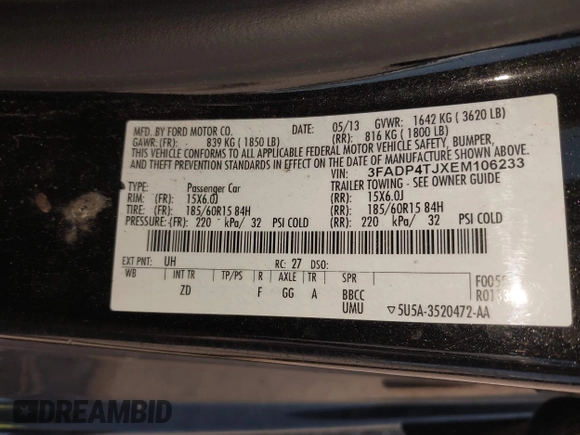 2014 Ford Fiesta S с VIN 3FADP4TJXEM106233, выставлен на аукционе IAAI как лот 42138608 с пробегом 107 873 миль миль и . История ставок и продаж доступна на DreamBid. Изображение 9.