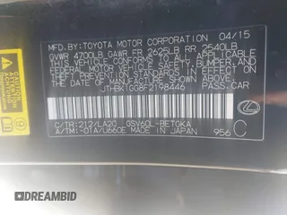 2015 Lexus ES 330 with VIN JTHBK1GG8F2198446, listed as a IAAI auction lot 42503888 with 118,476 mi miles and . Bid and sale history available at DreamBid. Image 9.