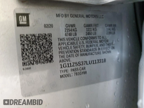 2020 Chevrolet Impala LT with VIN 1G11Z5S37LU113318, listed as a Copart auction lot 55055255 with 67,231 mi miles and Salvage Title. Bid and sale history available at DreamBid. Image 12.