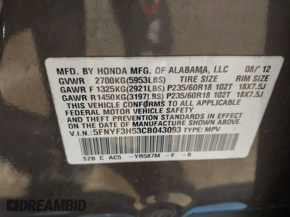 2012 Honda Pilot EX-L with VIN 5FNYF3H53CB043093, listed as a IAAI auction lot 41998849 with 187,058 mi miles. Bid and sale history available at carsss.com. Image 9.