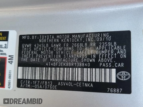 2011 Toyota Camry LE with VIN 4T4BF3EK8BR138840, listed as a Copart auction lot 64978745 with 138,210 mi miles and Salvage title. Bid and sale history available at DreamBid. Image 12.