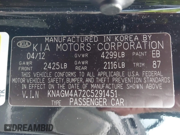 2012 Kia Optima LX with VIN KNAGM4A72C5291451, listed as a IAAI auction lot 42068559 with 121,548 mi miles and . Bid and sale history available at carsss.com. Image 9.
