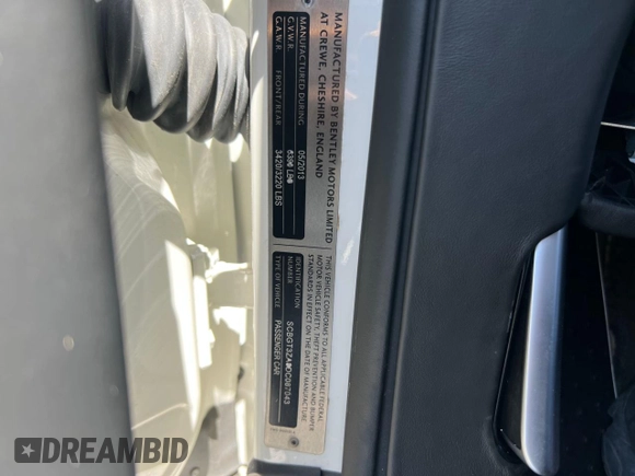 2013 Bentley Continental GT with VIN SCBGT3ZA8DC087043, listed as a Copart auction lot 57523435 with 55,293 mi miles and Clean Title. Bid and sale history available at DreamBid. Image 10.