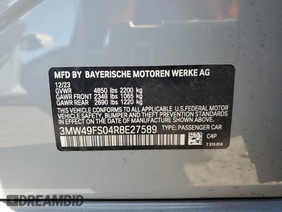 2024 BMW 3 Series M340i with VIN 3MW49FS04R8E27589, listed as a Copart auction lot 69801894 with 0 mi miles and Salvage Title. Bid and sale history available at carsss.com. Image 13.