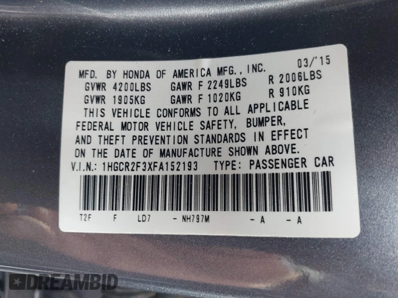 2015 Honda Accord Sedan LX with VIN 1HGCR2F3XFA152193, listed as a IAAI auction lot 41909957 with 124,810 mi miles. Bid and sale history available at carsss.com. Image 9.