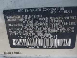 2019 Subaru Crosstrek with VIN JF2GTABC7K8294571, listed as a IAAI auction lot 42053294 with 57,998 mi miles. Bid and sale history available at carsss.com. Image 9.