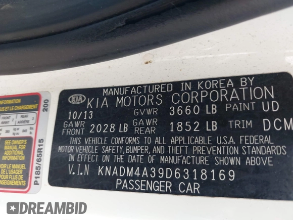 2013 Kia Rio LX with VIN KNADM4A39D6318169, listed as a IAAI auction lot 42063285 with 138,272 mi miles and . Bid and sale history available at DreamBid. Image 9.