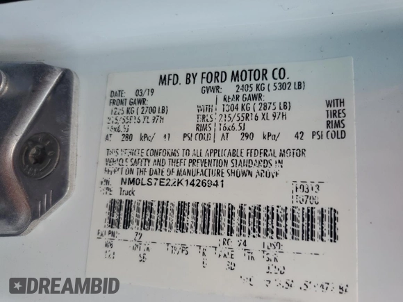 2019 Ford Transit Connect XL with VIN NM0LS7E22K1426941, listed as a Copart auction lot 63275405 with 121,266 mi miles and Clean title. Bid and sale history available at DreamBid. Image 13.