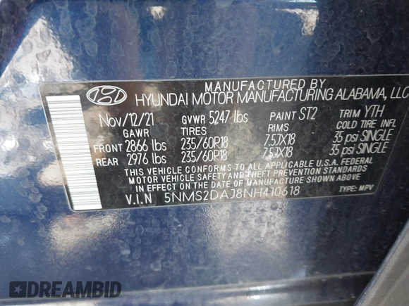 2022 Hyundai Santa Fe SEL with VIN 5NMS2DAJ8NH410618, listed as a IAAI auction lot 41853548 with 58,483 mi miles. Bid and sale history available at carsss.com. Image 9.