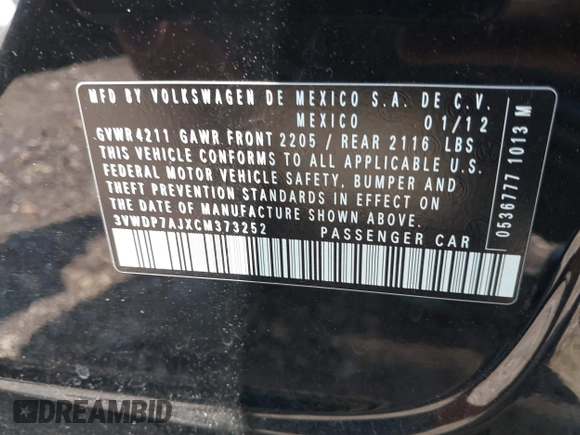 2012 Volkswagen Jetta SE with VIN 3VWDP7AJXCM373252, listed as a IAAI auction lot 39683747 with 265,621 mi miles and . Bid and sale history available at DreamBid. Image 9.