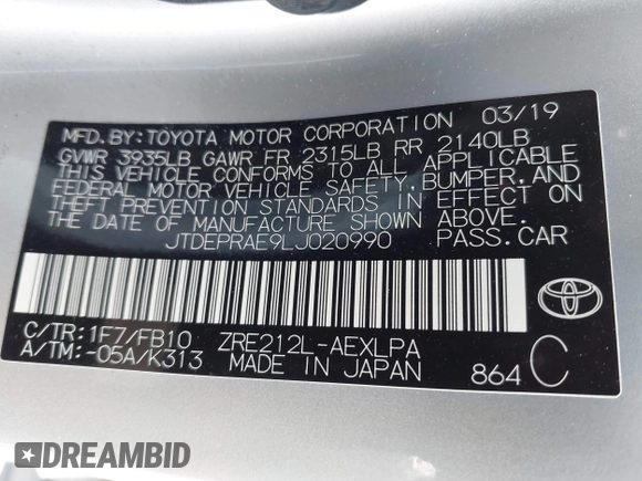 2020 Toyota Corolla LE with VIN JTDEPRAE9LJ020990, listed as a IAAI auction lot 42087507 with 54,314 mi miles and . Bid and sale history available at DreamBid. Image 9.