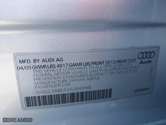 2003 Audi A4 3.0L with VIN WAULT68E43A359998, listed as a Copart auction lot 43860645 with 112,371 mi miles and Salvage Title. Bid and sale history available at carsss.com. Image 12.
