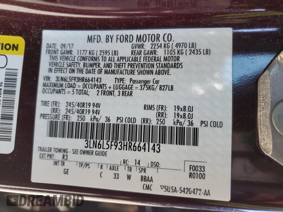 2017 Lincoln MKZ Reserve with VIN 3LN6L5F93HR664143, listed as a Copart auction lot 50937385 with 114,339 mi miles and Salvage Title. Bid and sale history available at DreamBid. Image 12.