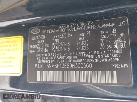 2009 Hyundai Santa Fe Limited z VIN 5NMSH13E89H300560, wystawiony jako IAAI lot #42322254 z przebiegiem 249 985 mil mil oraz . Historia ofert i sprzedaży dostępna na DreamBid. Obrazek 9.