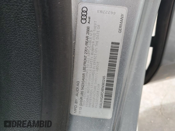 2014 Audi A7 Premium Plus with VIN WAUWGAFC4EN080245, listed as a Copart auction lot 59689315 with Not provided miles and Non repairable. Bid and sale history available at DreamBid. Image 12.