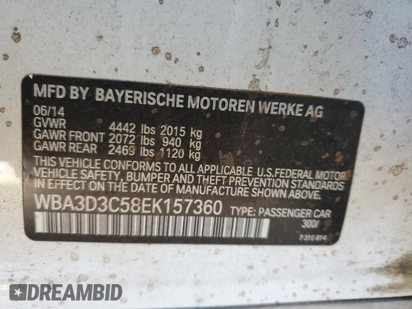 2014 BMW 3 Series 328d with VIN WBA3D3C58EK157360, listed as a Copart auction lot 60518335 with 181,162 mi miles and Salvage title. Bid and sale history available at DreamBid. Image 12.