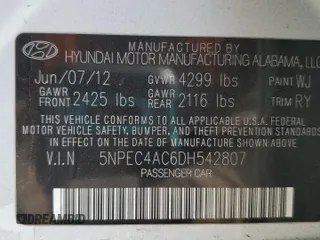 2013 Hyundai Sonata Limited with VIN 5NPEC4AC6DH542807, listed as a Copart auction lot 54093765 with 122,566 mi miles and Salvage title. Bid and sale history available at DreamBid. Image 13.