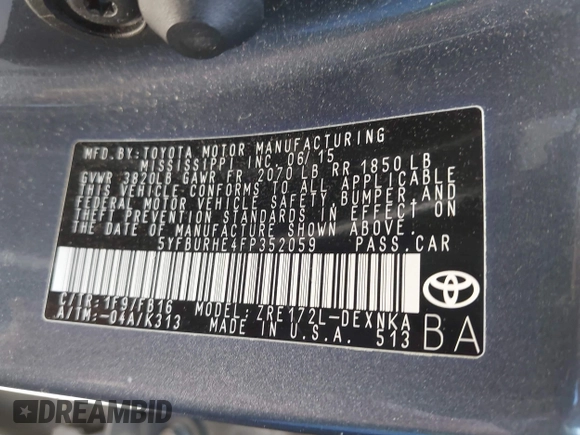 2015 Toyota Corolla L z VIN 5YFBURHE4FP352059, wystawiony jako IAAI lot #42310022 z przebiegiem 61 496 mil mil oraz . Historia ofert i sprzedaży dostępna na DreamBid. Obrazek 9.