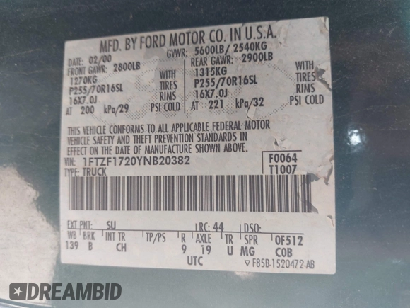 2000 Ford F-150 XL with VIN 1FTZF1720YNB20382, listed as a IAAI auction lot 42613663 with Not provided miles and . Bid and sale history available at DreamBid. Image 9.