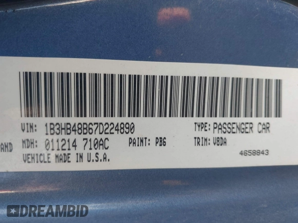 2007 Dodge Caliber SXT with VIN 1B3HB48B67D224890, listed as a IAAI auction lot 41882513 with 223,404 mi miles and . Bid and sale history available at DreamBid. Image 9.