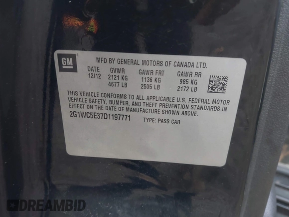 2013 Chevrolet Impala LTZ with VIN 2G1WC5E37D1197771, listed as a IAAI auction lot 41683854 with 119,321 mi miles and . Bid and sale history available at DreamBid. Image 9.
