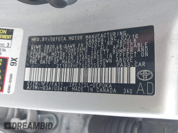2016 Toyota Corolla L z VIN 2T1BURHE7GC625979, wystawiony jako IAAI lot #42503444 z przebiegiem 162 858 mil mil oraz . Historia ofert i sprzedaży dostępna na DreamBid. Obrazek 9.