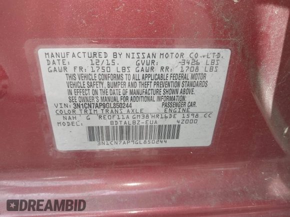 2016 Nissan Versa S z VIN 3N1CN7AP9GL850244, wystawiony jako IAAI lot #42254319 z przebiegiem 87 728 mil mil oraz . Historia ofert i sprzedaży dostępna na DreamBid. Obrazek 9.