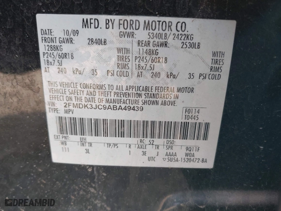 2010 Ford Edge SEL with VIN 2FMDK3JC9ABA49439, listed as a IAAI auction lot 41822877 with 247,905 mi miles. Bid and sale history available at carsss.com. Image 9.