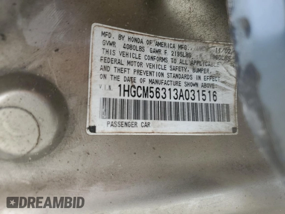 2003 Honda Accord LX with VIN 1HGCM56313A031516, listed as a Copart auction lot 60089155 with 300,380 mi miles and Salvage title. Bid and sale history available at DreamBid. Image 13.