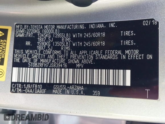 2018 Toyota Highlander LE with VIN 5TDBZRFH7JS839416, listed as a IAAI auction lot 41903167 with 97,420 mi miles and . Bid and sale history available at DreamBid. Image 9.