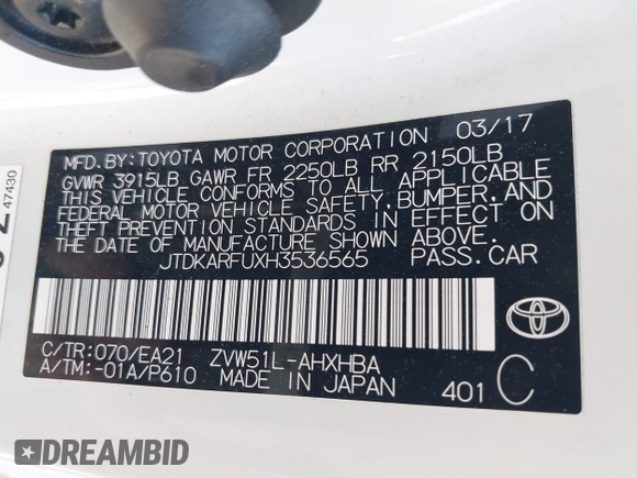2017 Toyota Prius Two with VIN JTDKARFUXH3536565, listed as a IAAI auction lot 42374515 with 125,240 mi miles and . Bid and sale history available at DreamBid. Image 9.