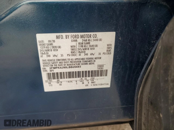 2020 Ford Edge SEL with VIN 2FMPK4J90LBB26693, listed as a Copart auction lot 51608725 with 69,324 mi miles and Salvage Title. Bid and sale history available at carsss.com. Image 12.