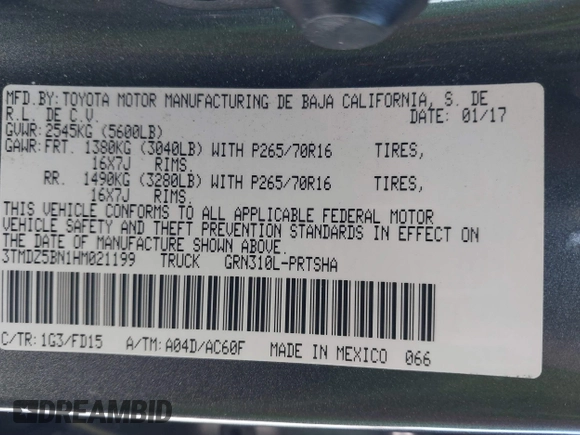 2017 Toyota Tacoma SR5 with VIN 3TMDZ5BN1HM021199, listed as a IAAI auction lot 41387400 with 93,392 mi miles. Bid and sale history available at carsss.com. Image 9.