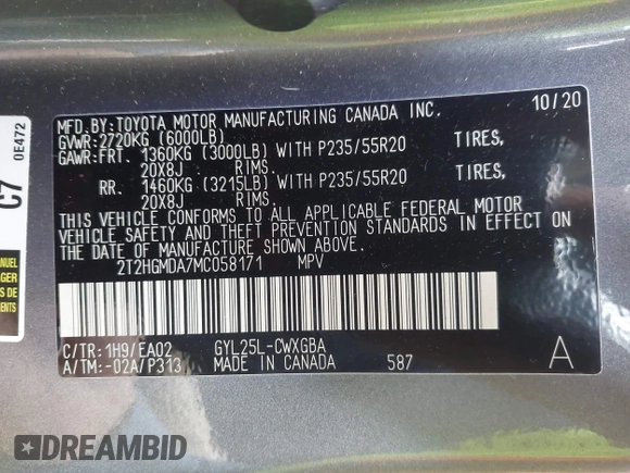 2021 Lexus RX 450h with VIN 2T2HGMDA7MC058171, listed as a IAAI auction lot 42172195 with 42,255 mi miles and . Bid and sale history available at DreamBid. Image 9.