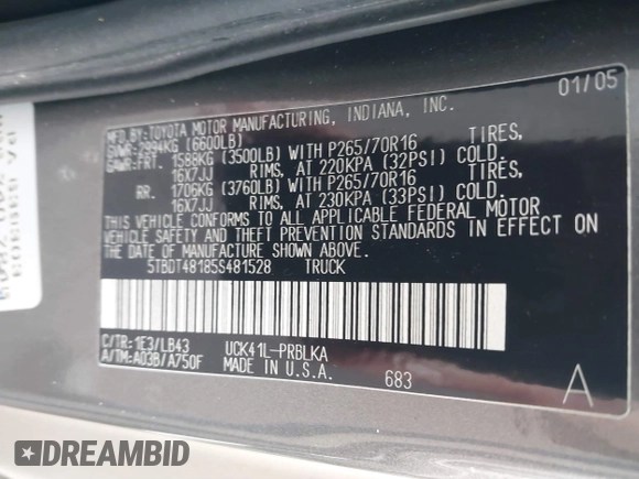 2005 Toyota Tundra Limited z VIN 5TBDT48185S481528, wystawiony jako IAAI lot #41834114 z przebiegiem 151 295 mil mil oraz . Historia ofert i sprzedaży dostępna na DreamBid. Obrazek 9.